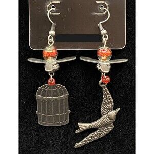 Sparrow Bird & Bird Cage with Propeller & Glass Bead Earrings by Neanie-Bot